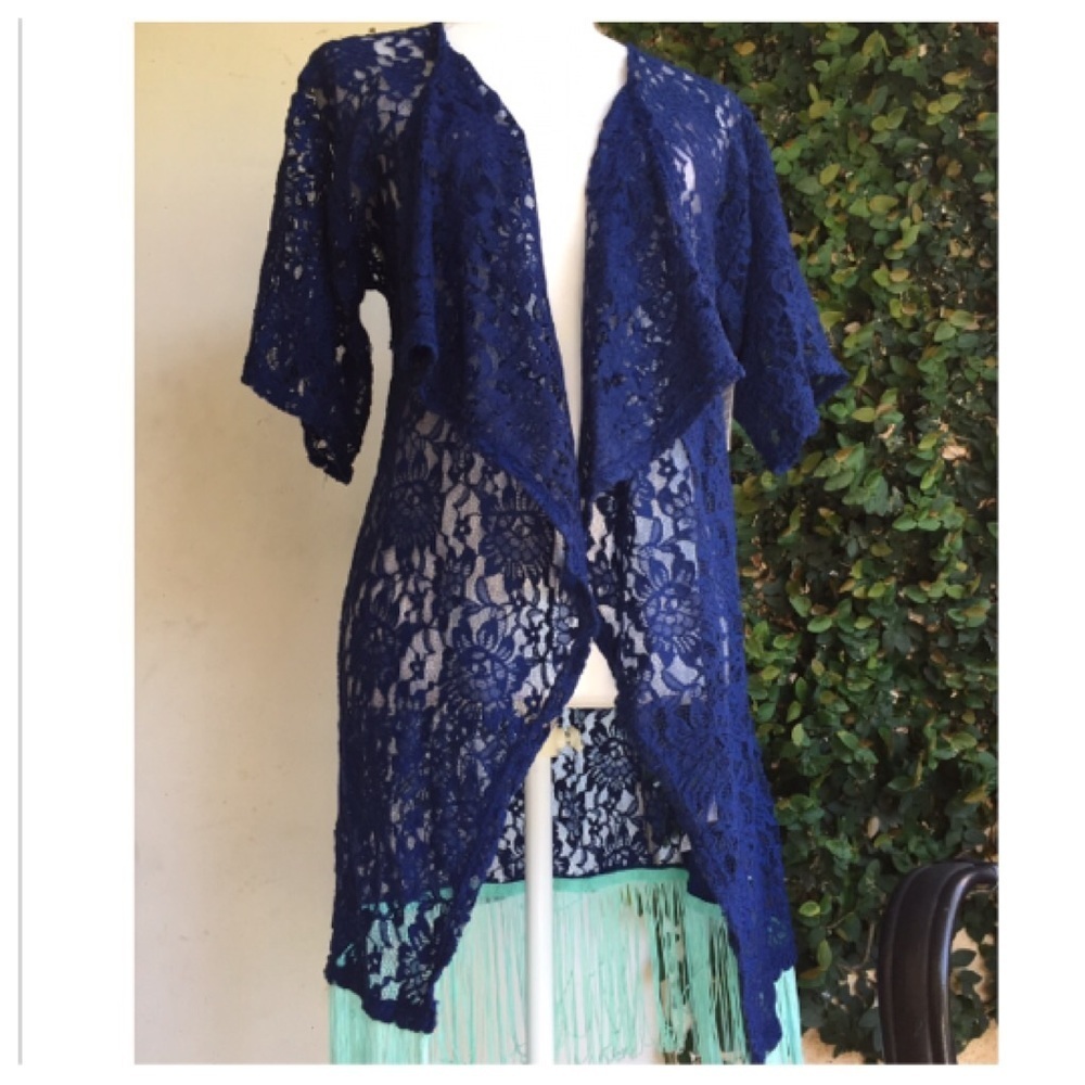 LULAROE Blue Fringe Kimono Lightweight Summer Casual Vacation Small BNWT - Picture 4 of 7